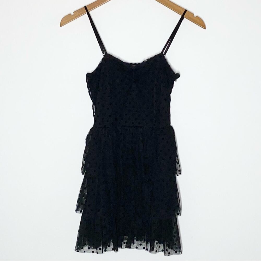 S Heritage 1981 Black Mesh Tulle Velvet Polka Dot Tiered Ruffle Mini Party Dress - Picture 3 of 7